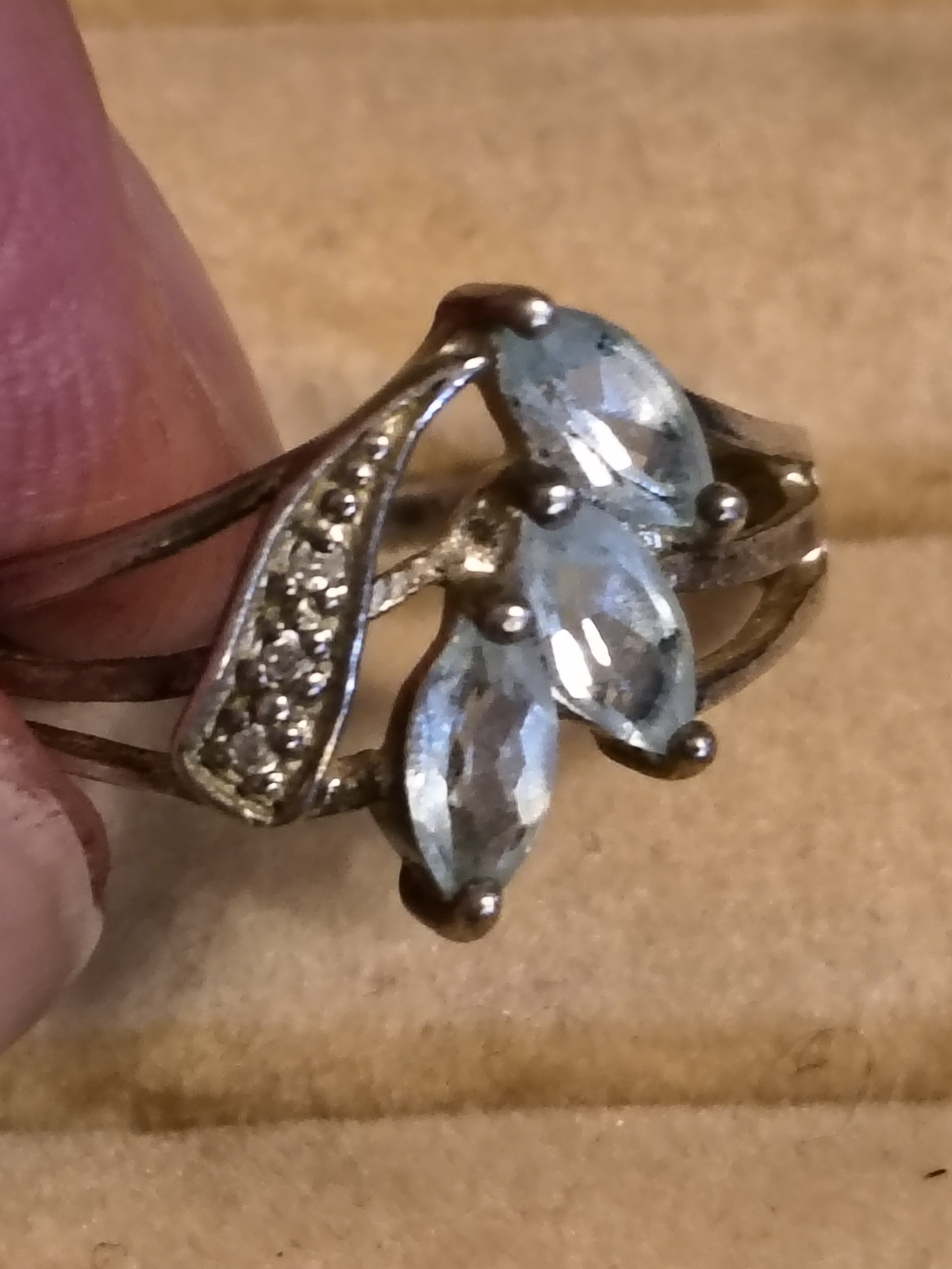 Sterling Silver Ring With Light Blue Marquise Topaz Stones Size 7 Signed Designe